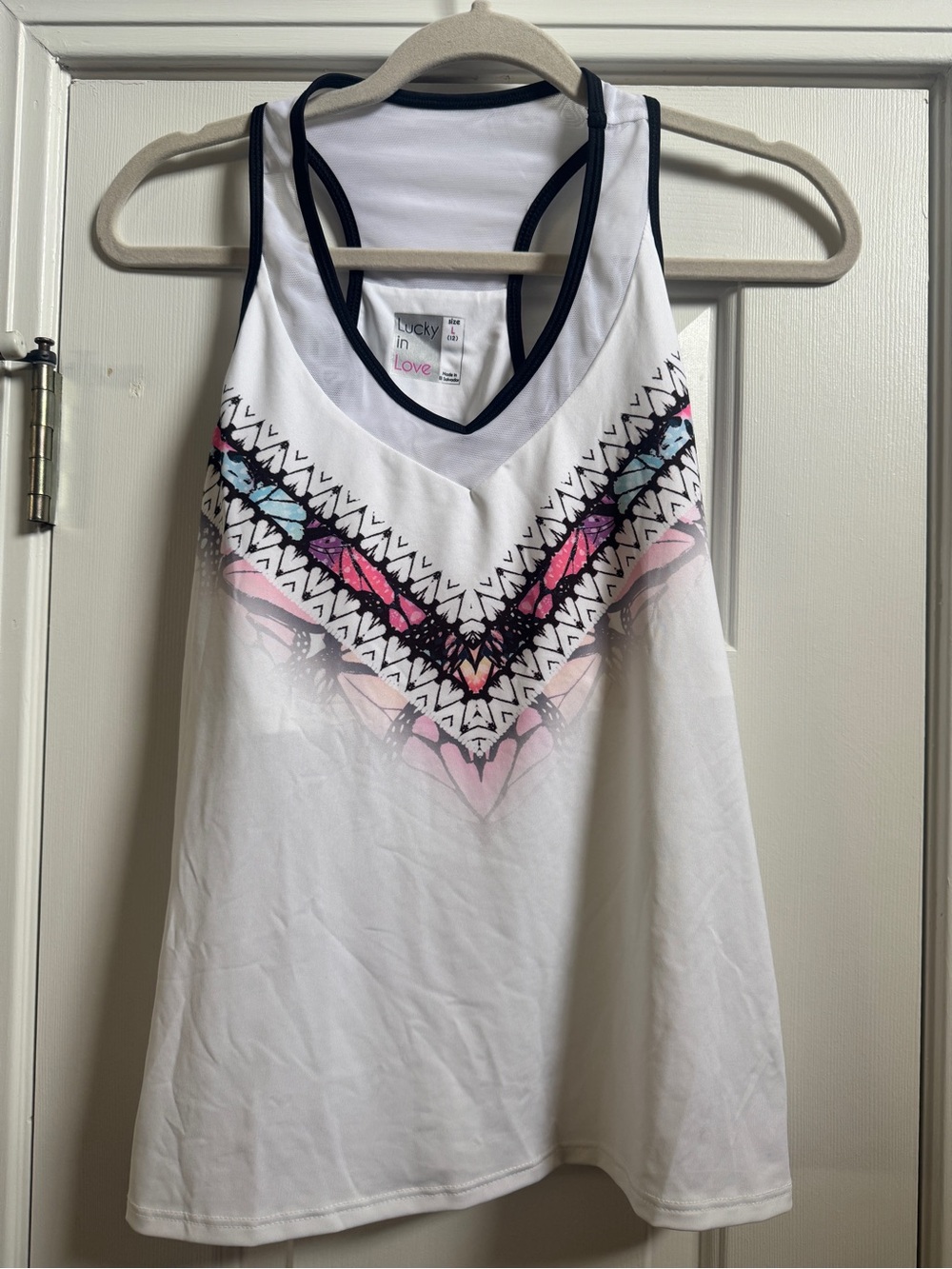 Lucky In Love White Tank Top with Pink & Blue Chevron Print